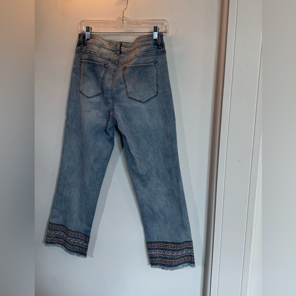Tribal Light Blue Cropped Jeans with Embroidered Hem